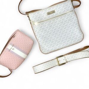 Michael Kors BUNDLE White Crossbody and Pink belt wallet Bag Set & matching belt